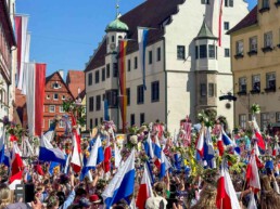 Festlich gekleidete Kinder mit Blumenschmuck und Fahnen auf dem Nördlinger Marktplatz