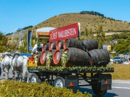 Historischer Pferdewagen mit Fürst Wallerstein Bierfässern beim Festumzug der Ipfmesse 2026 in Bopfingen. Im Hintergrund sind der Ipf, ein Riesenrad und das Festgelände zu sehen.